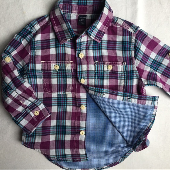 Gap shirt size 12 18 months plaid lined blue purple boys cotton button down - Picture 5 of 16